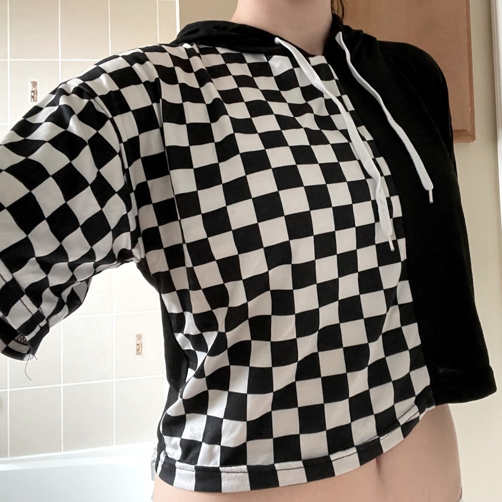 Checkered Oversized Hooded Crop Top